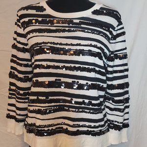 Ann Taylor Black & White 3/4 Sleeve Top with Sequins in Large